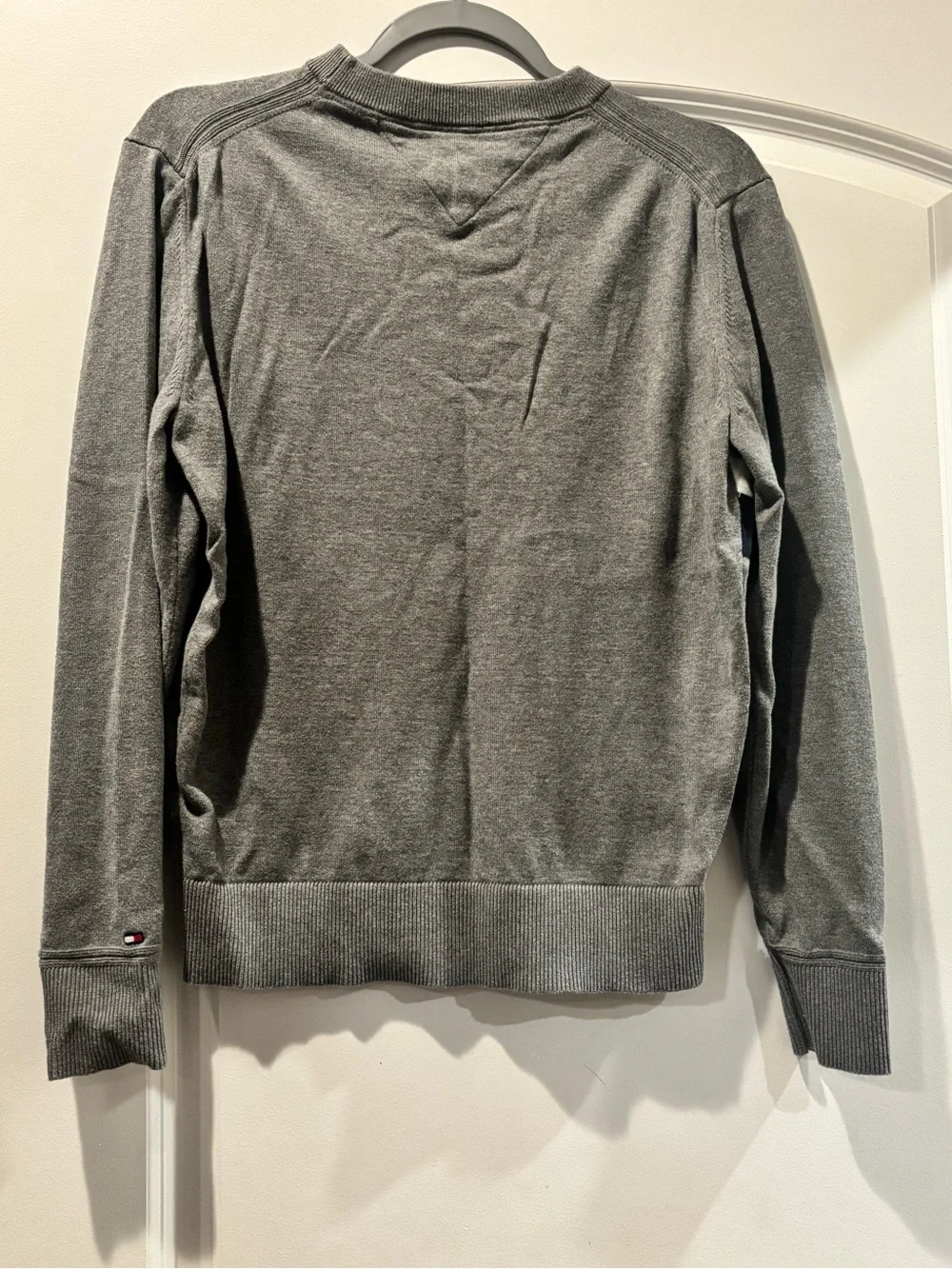 Tommy Hilfiger Gray Crewneck Sweater with Red, White & Black Chest Stripe